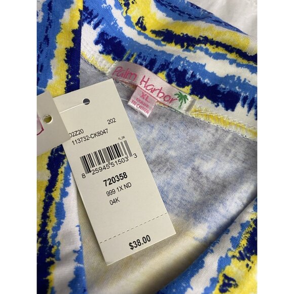 Woman's Short-Sleeve Button-Up Shirt XL Blue Yellow Striped Casual Palm Harbor - Picture 10 of 12